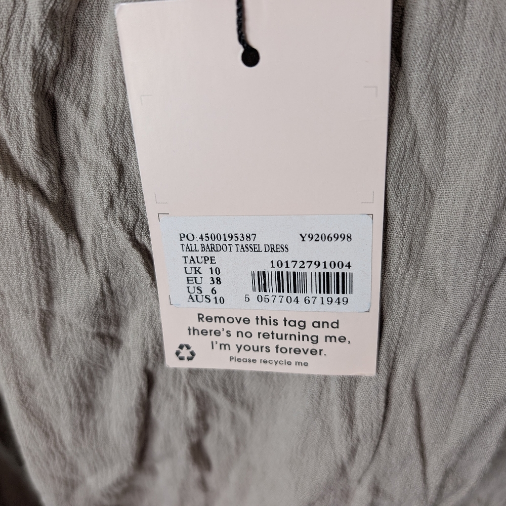 💘 NWT Missguided Taupe Bardot Tassel Dress Size 6 - Picture 4 of 8